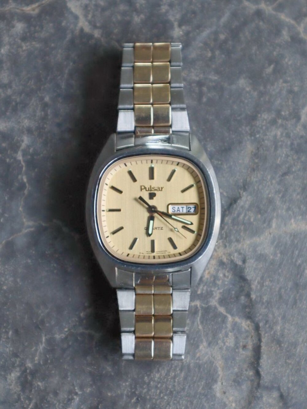 Vintage 1980s Pulsar Two Tone Day Date Cartier Santos Watch